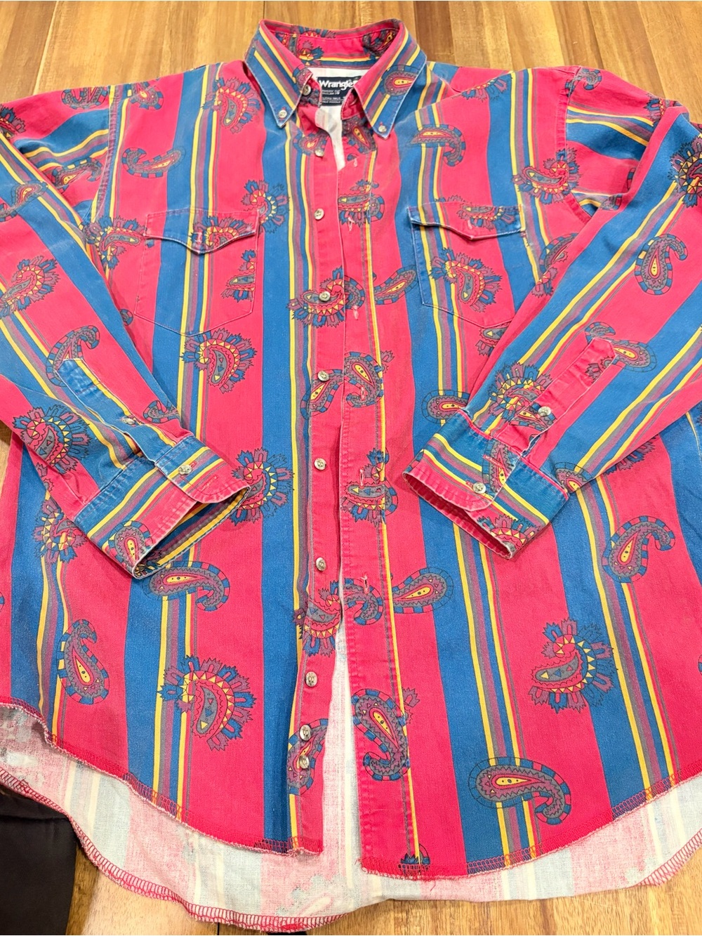 Vintage 90s Wrangler Cowboy Cut Paisley Stripe Western Button Up Shirt XL